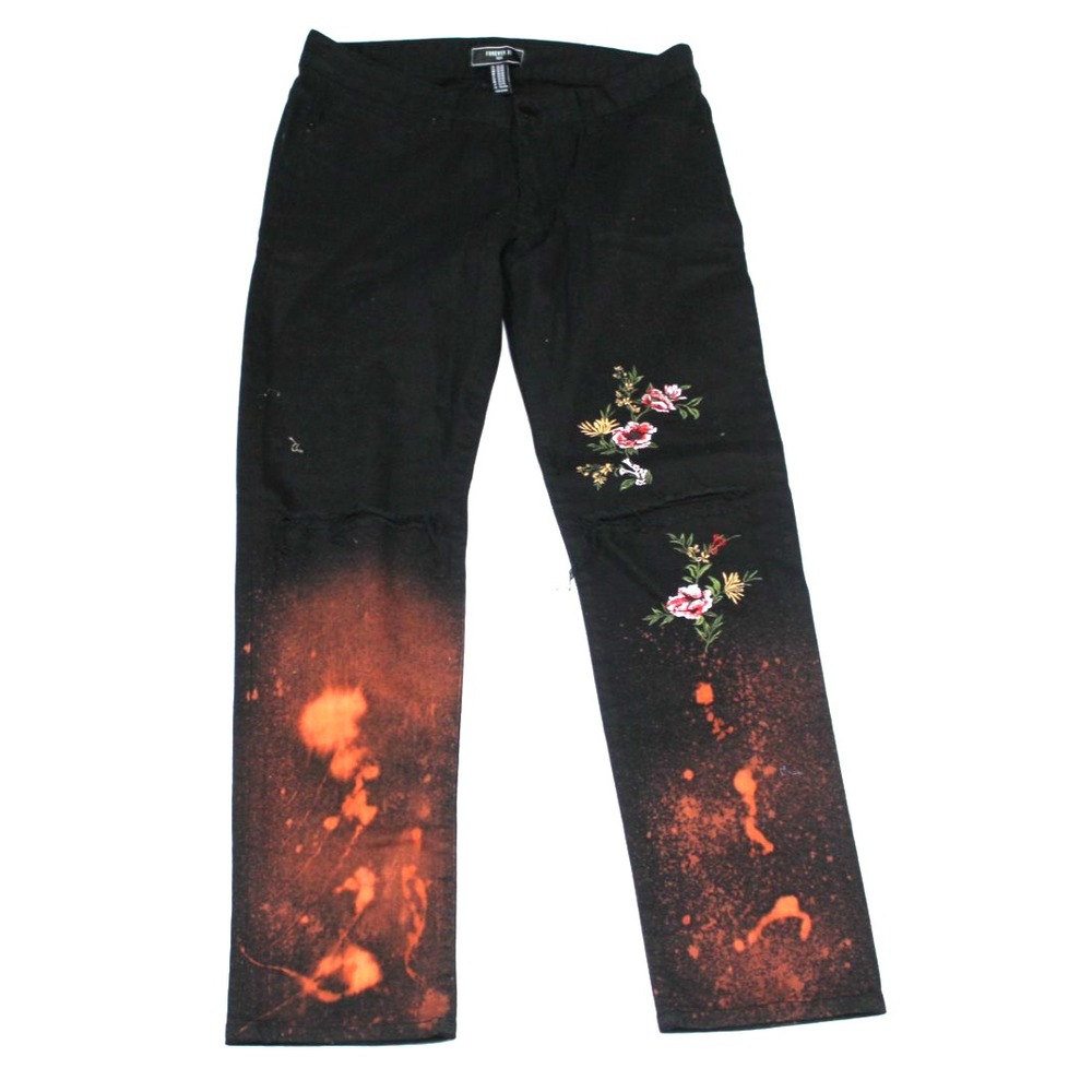 Forever 21 Men Black Jeans Flower Embroided Distressed Casual Size 32X30